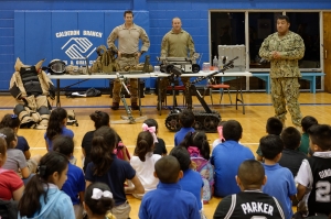 160419-N-NW169-044 SAN ANTONIO (April 19, 2016) Children at the Boys & Girls Clubs of San Antonio watch a demonstration at the Navy Explosive Ordnance Disposal discovery table hosted by Senior Chief Explosive Ordnance Disposal Technician Dominic Juarez, right, Explosive Ordnance Disposal Technician 2nd Class Seth Willey, center, and Explosive Ordnance Disposal Technician 2nd Class Kit Wingate, left, assigned to Explosive Ordnance Disposal Mobile Unit (EODMU) 11, during San Antonio's Navy Week. The Navy Week program is designed to raise awareness about the Navy in areas across the country that traditionally do not have a naval presence, and to bring America's Navy closer to the people it protects through community relations projects, speaking engagements, science, technology, engineering, mathematics (STEM) demonstrations and media interviews with flag hosts and local area Sailors. (U.S. Navy photo by Chief Mass Communication Specialist Michael O’Day/Released)
